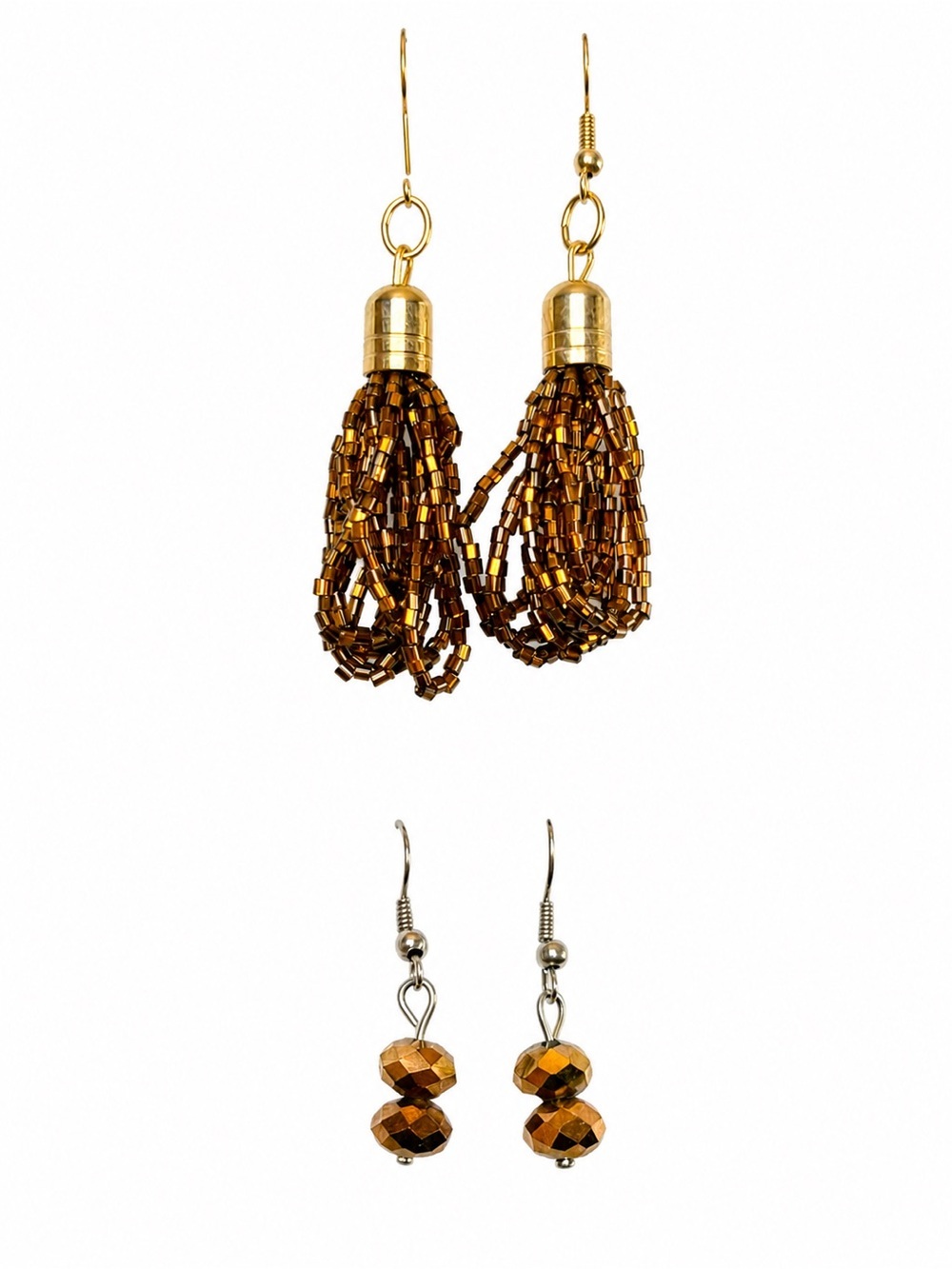 Set Of Two Beaded Warm Metallic Bronze & Copper Gold-tone Pierced Earrrings